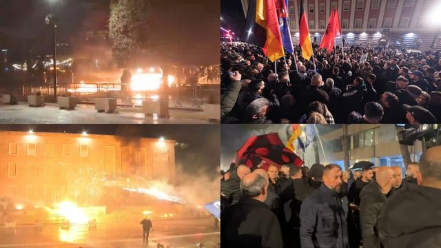 Protesta e PD, molotovë ndaj Ministrisë së Brendshme dhe Infrastrukturës
