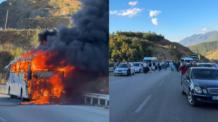 Shpërthen në flakë autobusi në hyrje të tunelit të Elbasanit, bllokohet rruga