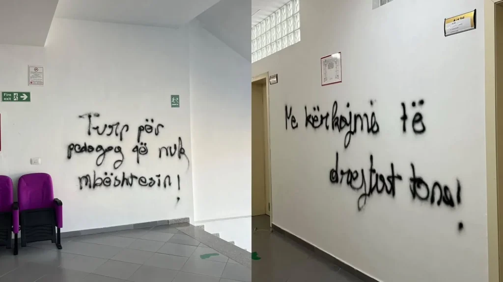 “Ne kërkojmë të drejtat tona”, studentët e universitetit të Durrësit shkruajnë me spraj muret e godinës