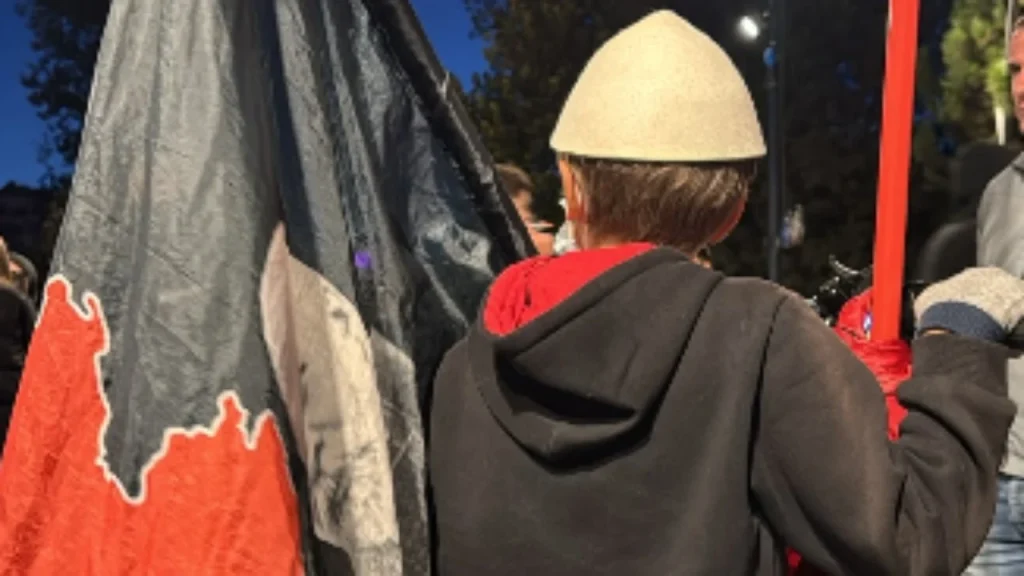 FOTO/ Mes tensioneve në protestë, një djalë i vogël shfaqet me flamurin kuqezi në duar